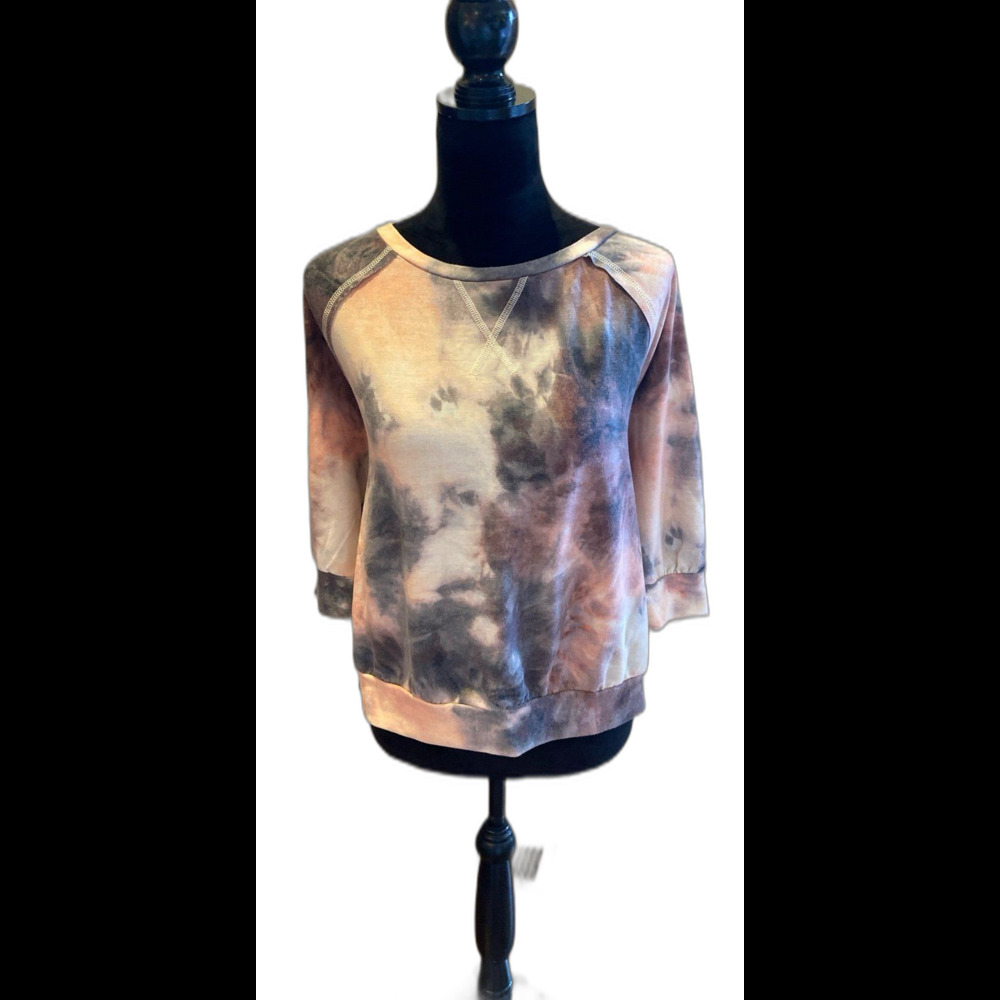 Live Well Lounge Top Size Medium Tie Dye Gray Orange Raglan 3/4 Sleeve + Stretch